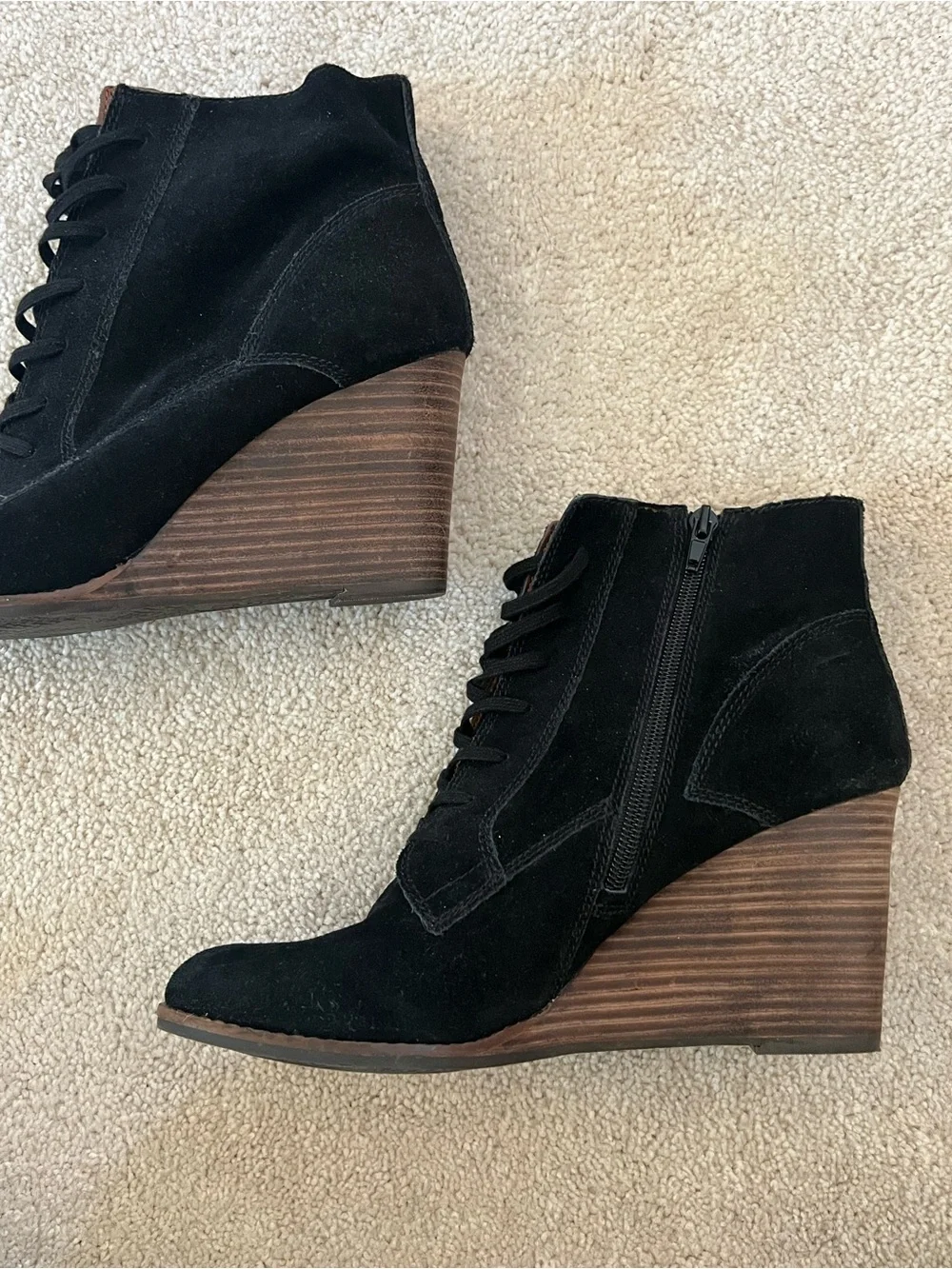 Lucky Brand Black Suede Lace-Up Wedge Ankle Boots